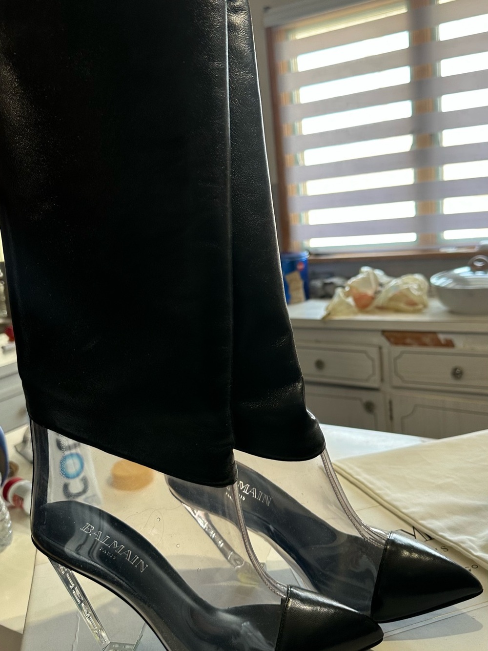 Balmain Black leather wedge Over-the-Knee Pointed Toe Heeled Boots size 7